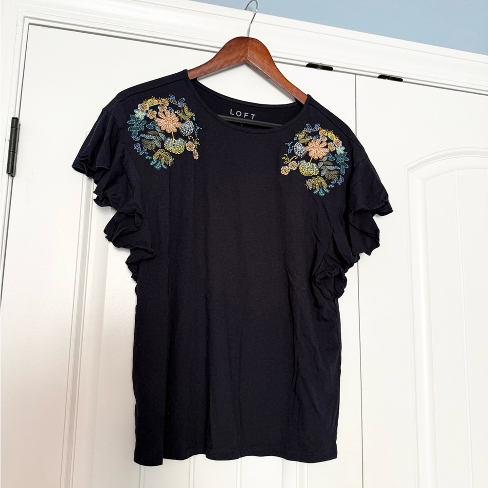 LOFT Floral Embroidered Ruffle Shoulder Tee - Picture 2 of 6